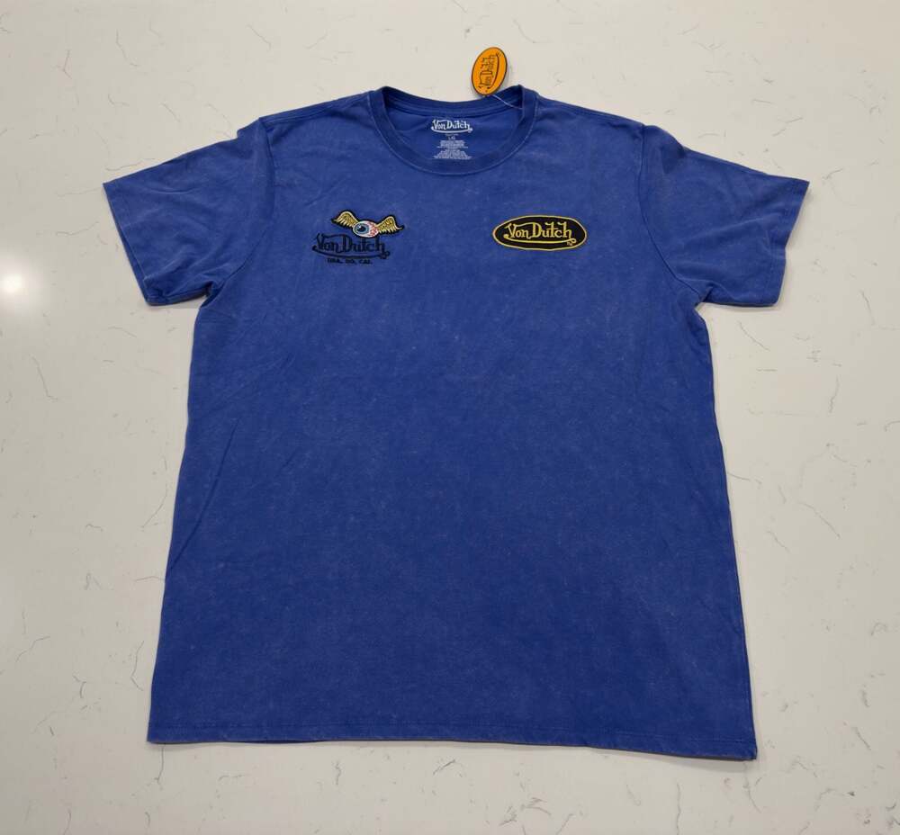 Von Dutch Blue Acid Wash T-Shirt with Winged Eyebrow and Logo Patches Size L
